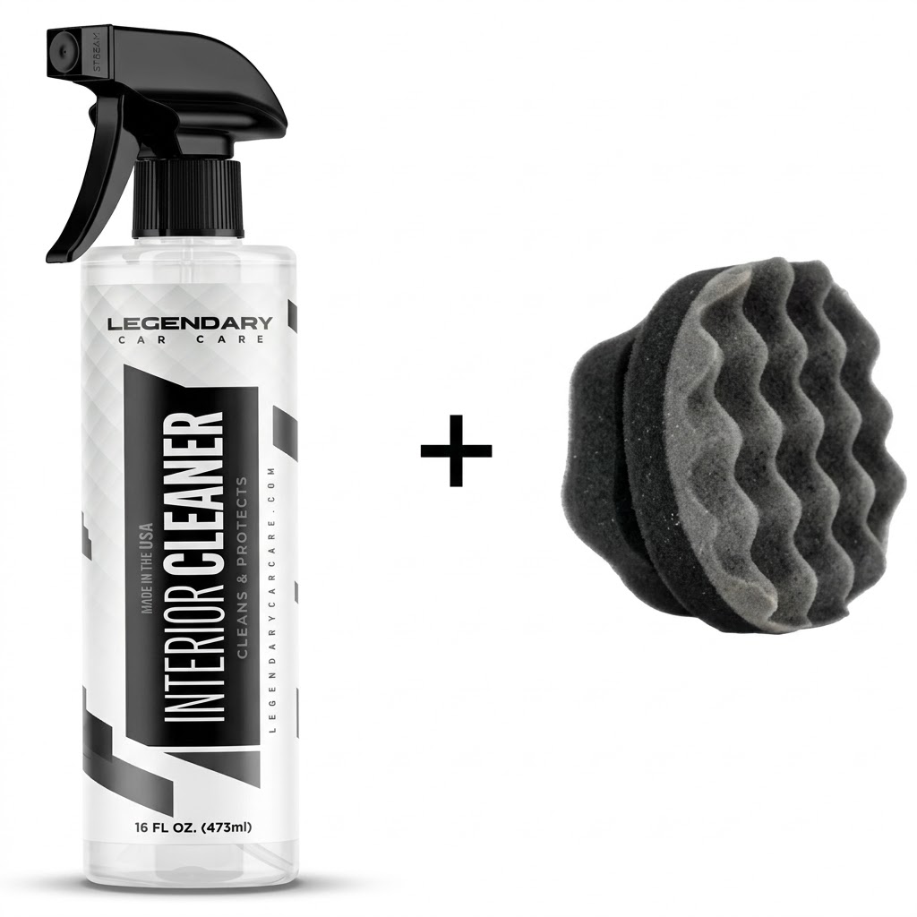 A spray bottle of Legendary Car Care Interior Cleaner next to a black and grey wavy applicator pad.