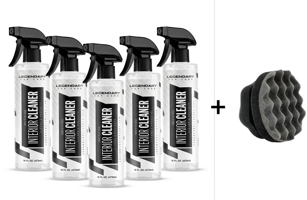 Five bottles of Legendary Car Care Interior Cleaner next to a round, gray foam applicator pad.