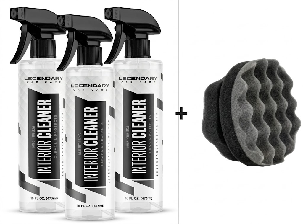 Three bottles of Legendary Car Care Interior Cleaner spray next to a gray, wavy applicator pad.