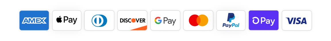 Icons of payment methods: AMEX, Apple Pay, Diners Club, Discover, Google Pay, Mastercard, PayPal, Opay, Visa.