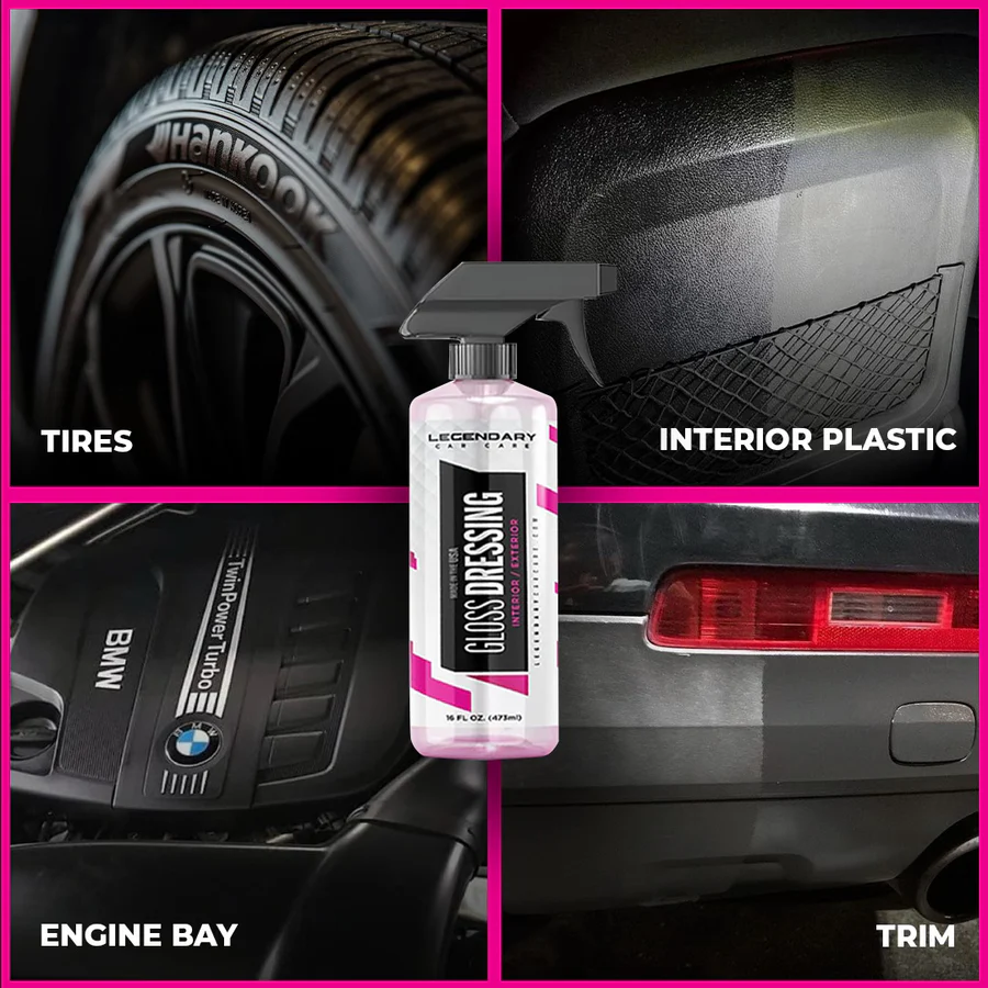 Collage of car detailing areas with gloss dressing bottle in center.