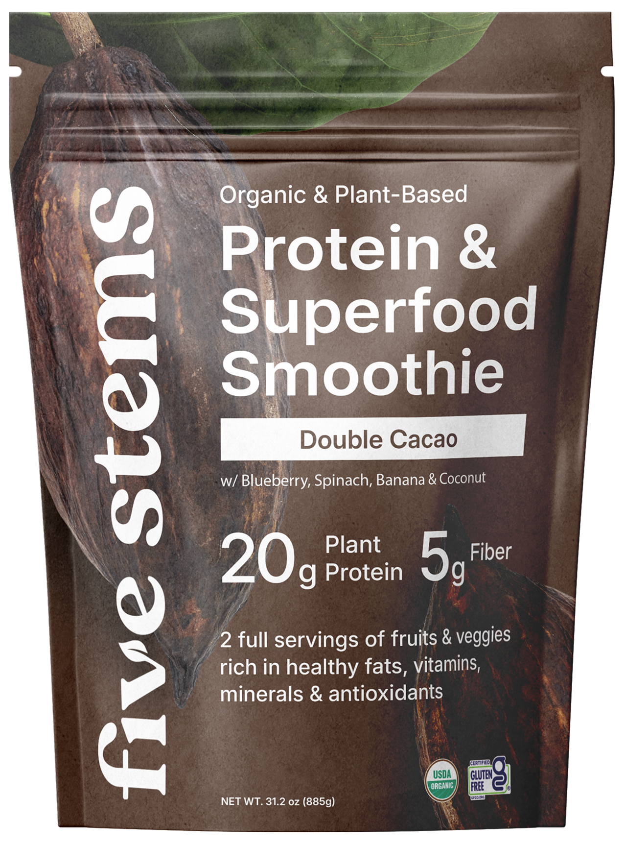 A pouch of Five Stems brand Double Cacao organic and plant-based protein and superfood smoothie mix.