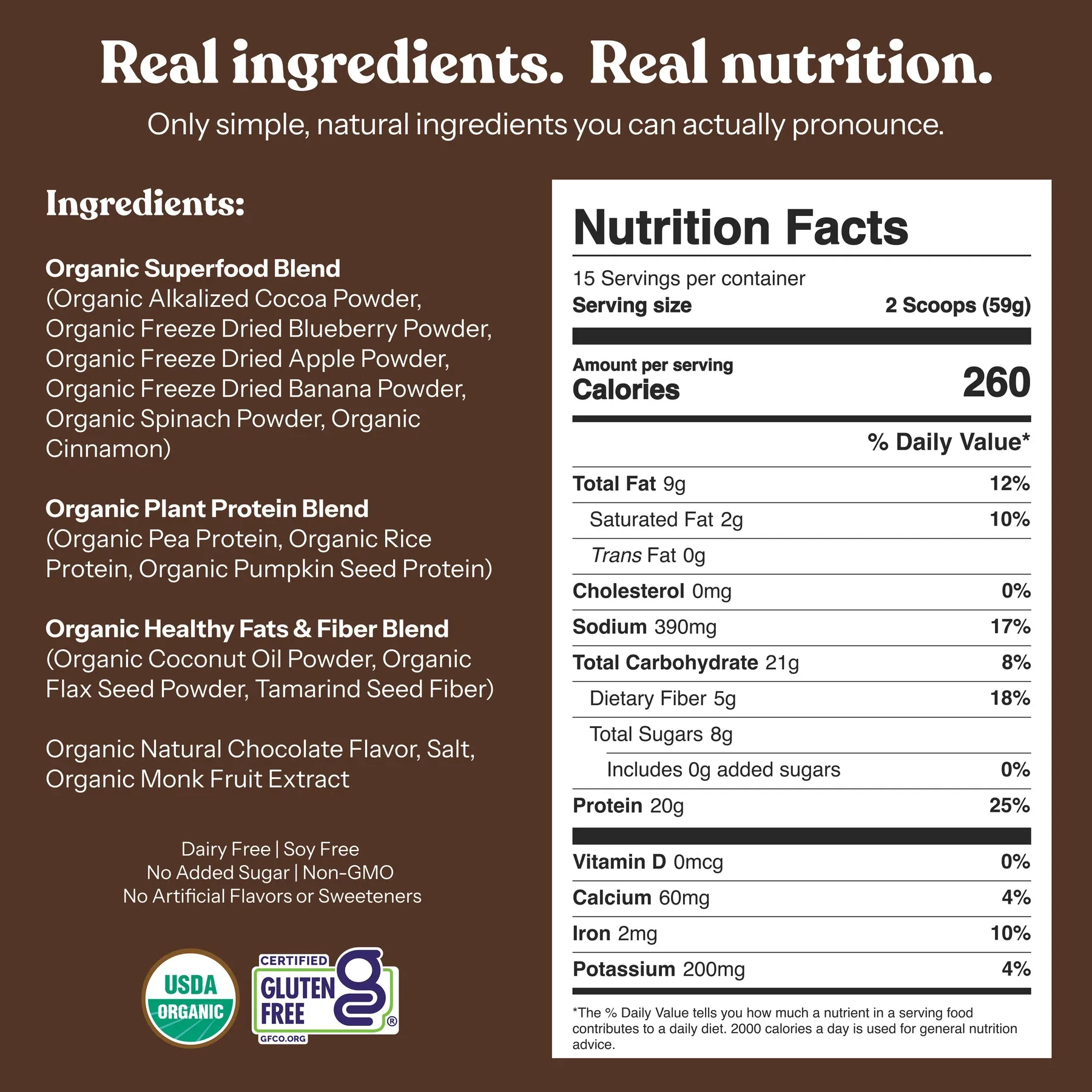 The ingredients and nutrition facts label for a food product, with USDA Organic and Gluten-Free certifications.