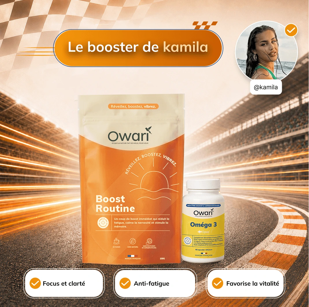 An advertisement for Owari brand supplements showing a pouch and a bottle on a racetrack background.