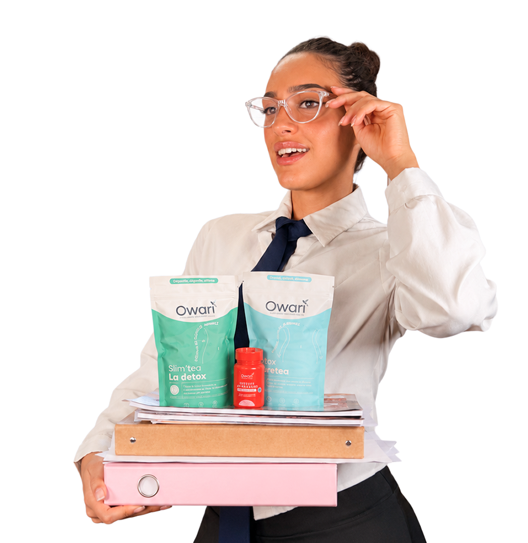 A woman in a white shirt and tie holds a stack of binders with Owari detox products.