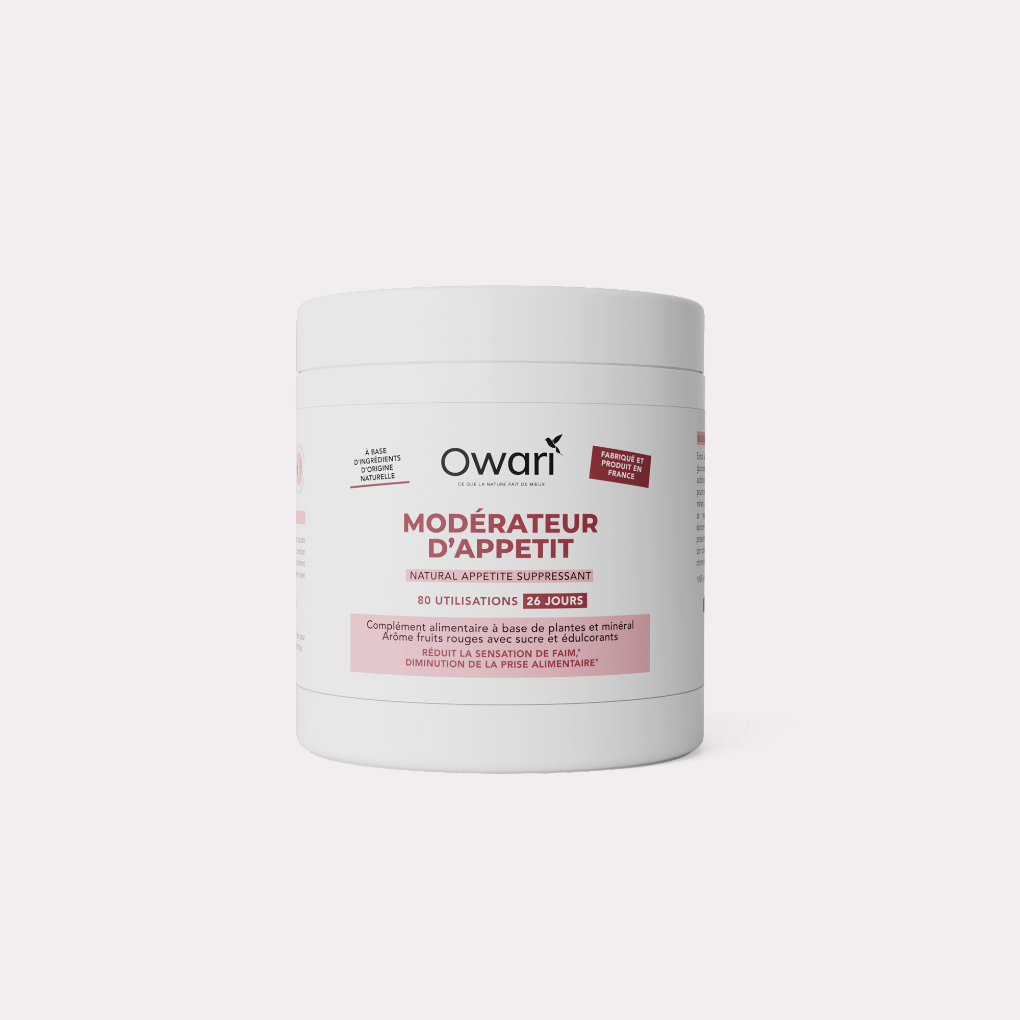 A white tub of Owari Modérateur d'Appetit, a natural appetite suppressant, against a white background.