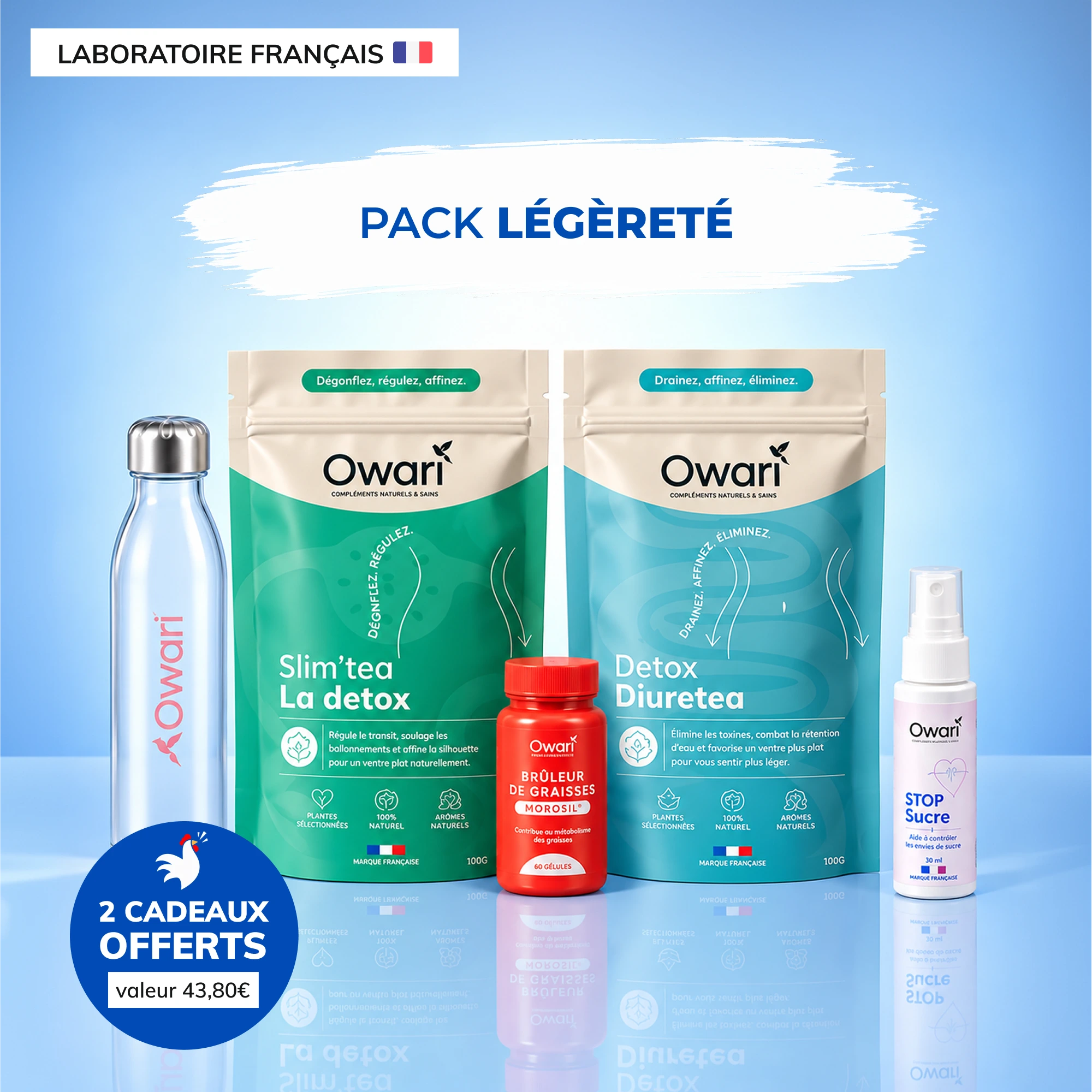 A collection of Owari brand wellness products including teas, supplements, a spray, and a water bottle.