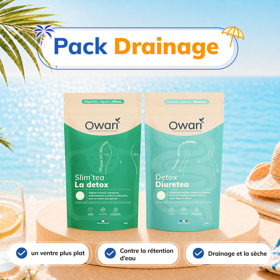 Two pouches of Owari detox tea, Slim'tea and Detox Diuretea, displayed on a sandy beach.