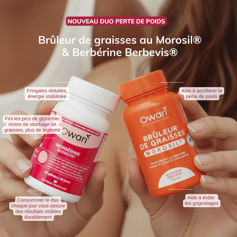 A person holds two bottles of Owari brand weight loss supplements, one white and one orange.