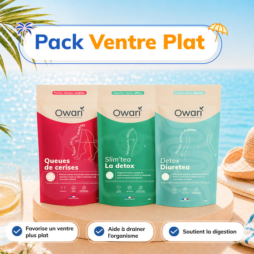 Three pouches of Owari brand 'Pack Ventre Plat' teas displayed on a wooden surface at a beach.