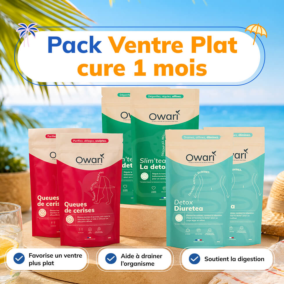 Owari brand 'Pack Ventre Plat' supplement packages arranged on a sunny beach with a glass of water.