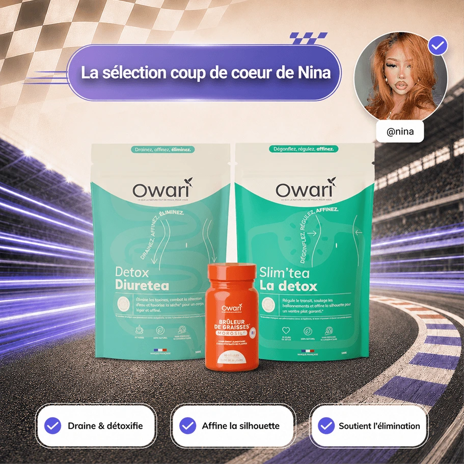 Two pouches of Owari brand tea and a bottle of supplements on a racetrack background.