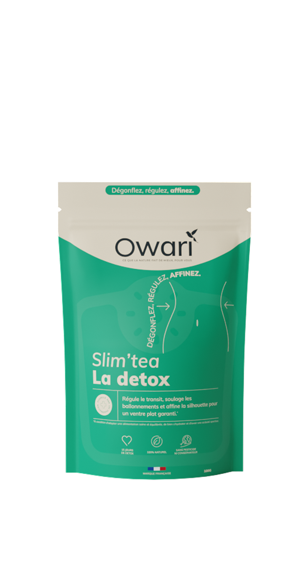 A green and white pouch of Owari brand Slim'tea La detox against a white background.