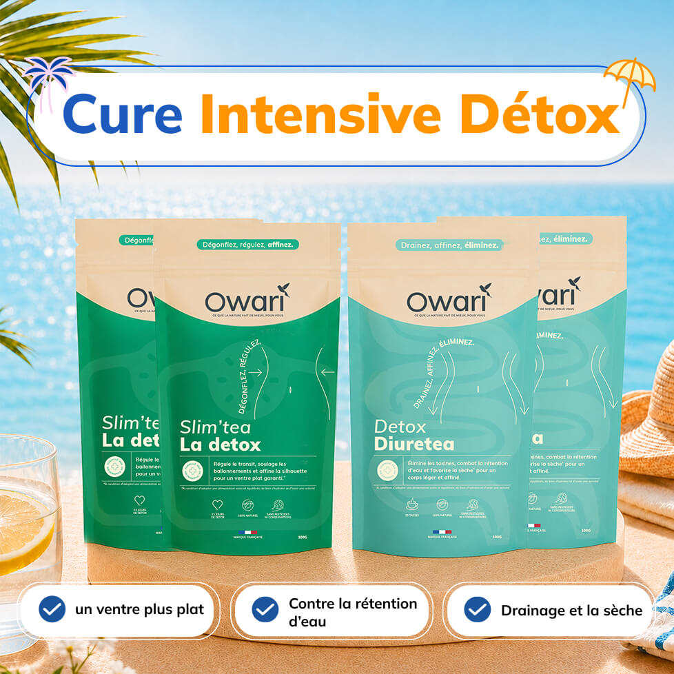 Owari brand detox tea products displayed on a surface with a tropical beach in the background.