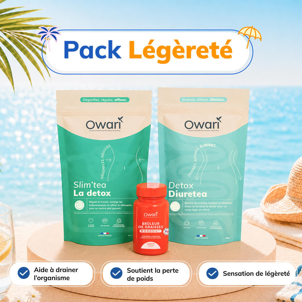 Three Owari brand dietary supplement products, two pouches and one bottle, arranged on a beach-themed background.