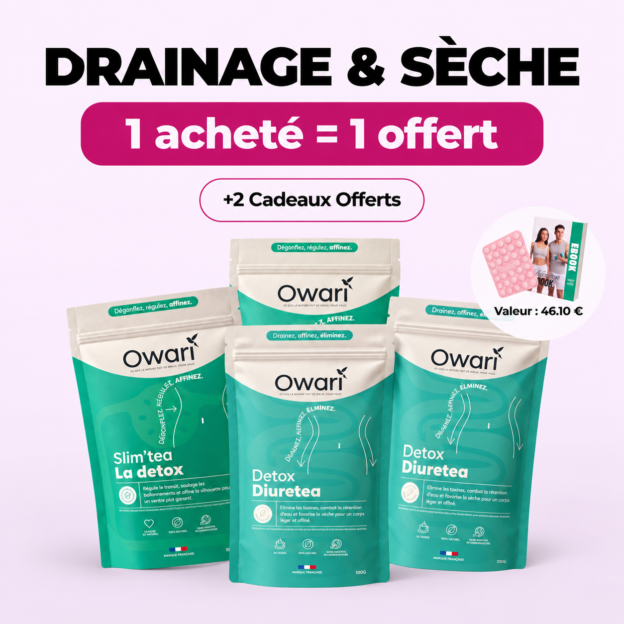 A promotional image for Owari detox teas showing several product pouches and special offers in French.