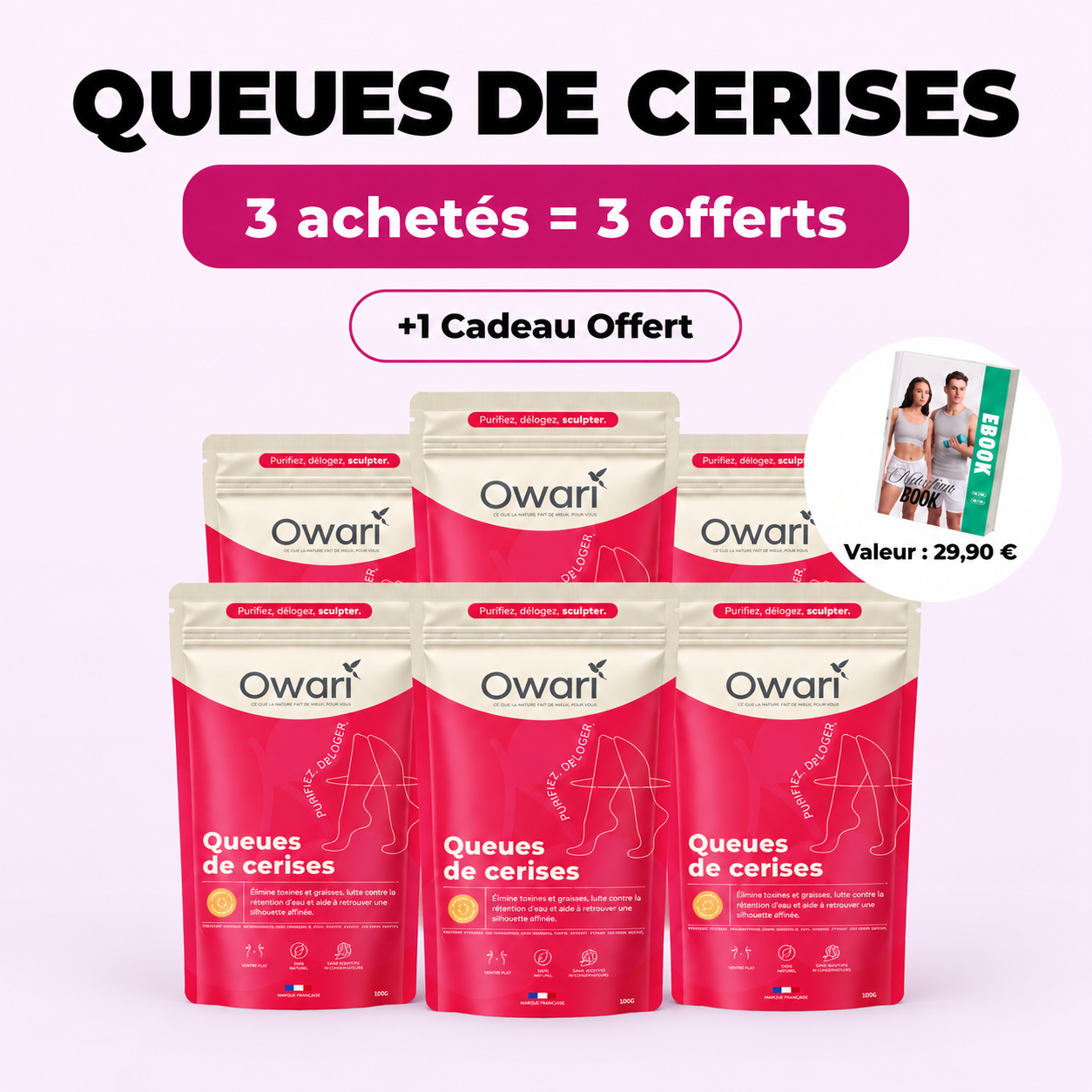 A promotional image in French for Owari's 'Queues de cerises' product showing a special offer.