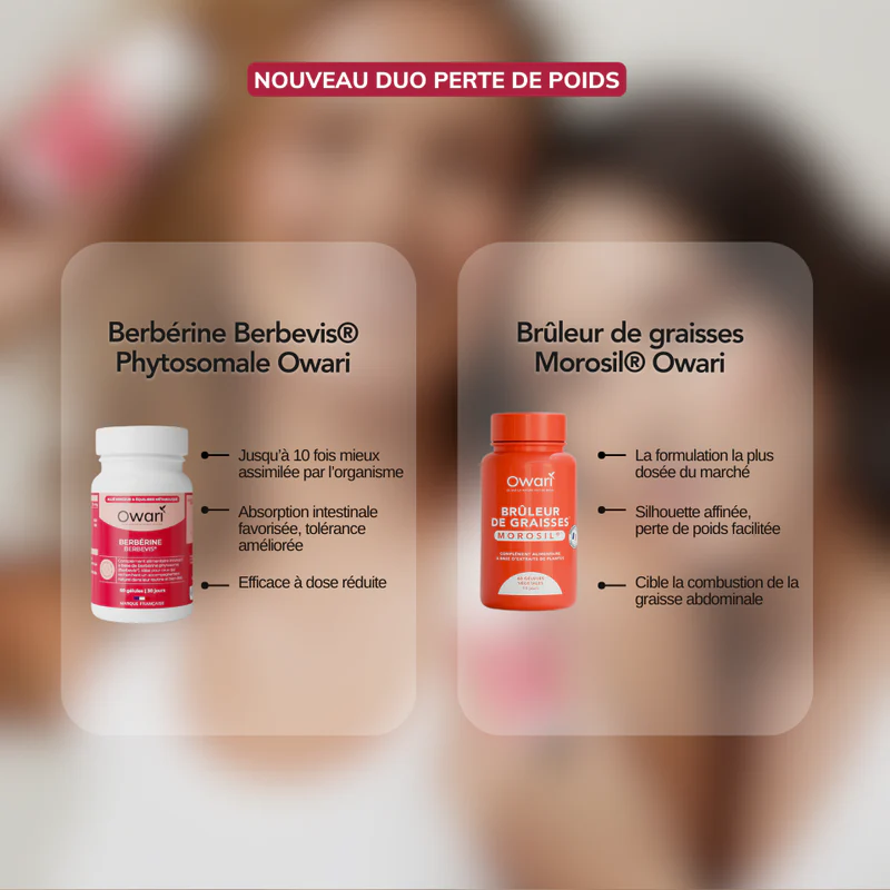 An advertisement showing two Owari supplement bottles for weight loss with descriptions in French.
