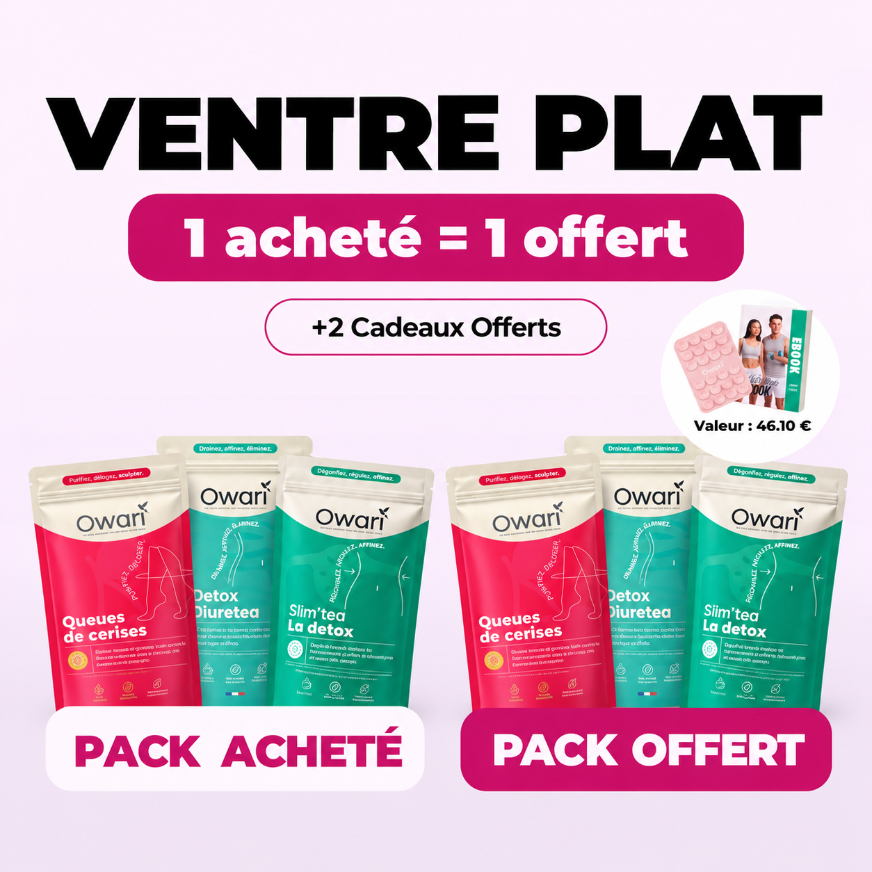 A French advertisement for Owari wellness products showing a 'buy one, get one free' promotional offer.