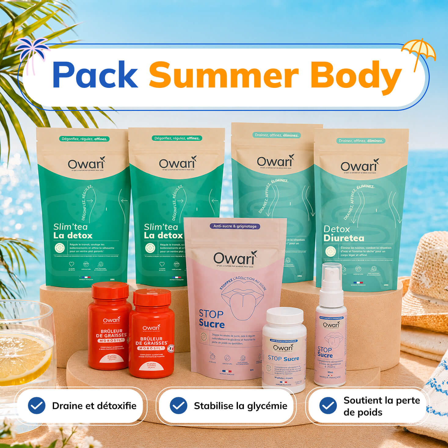 A collection of Owari brand 'Pack Summer Body' weight loss and detox products on a beach background.