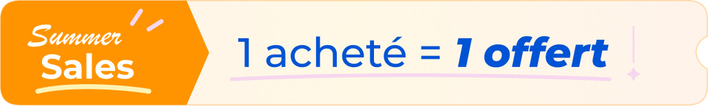 A promotional banner for 'Summer Sales' with the text '1 acheté = 1 offert' (Buy 1, get 1 free).