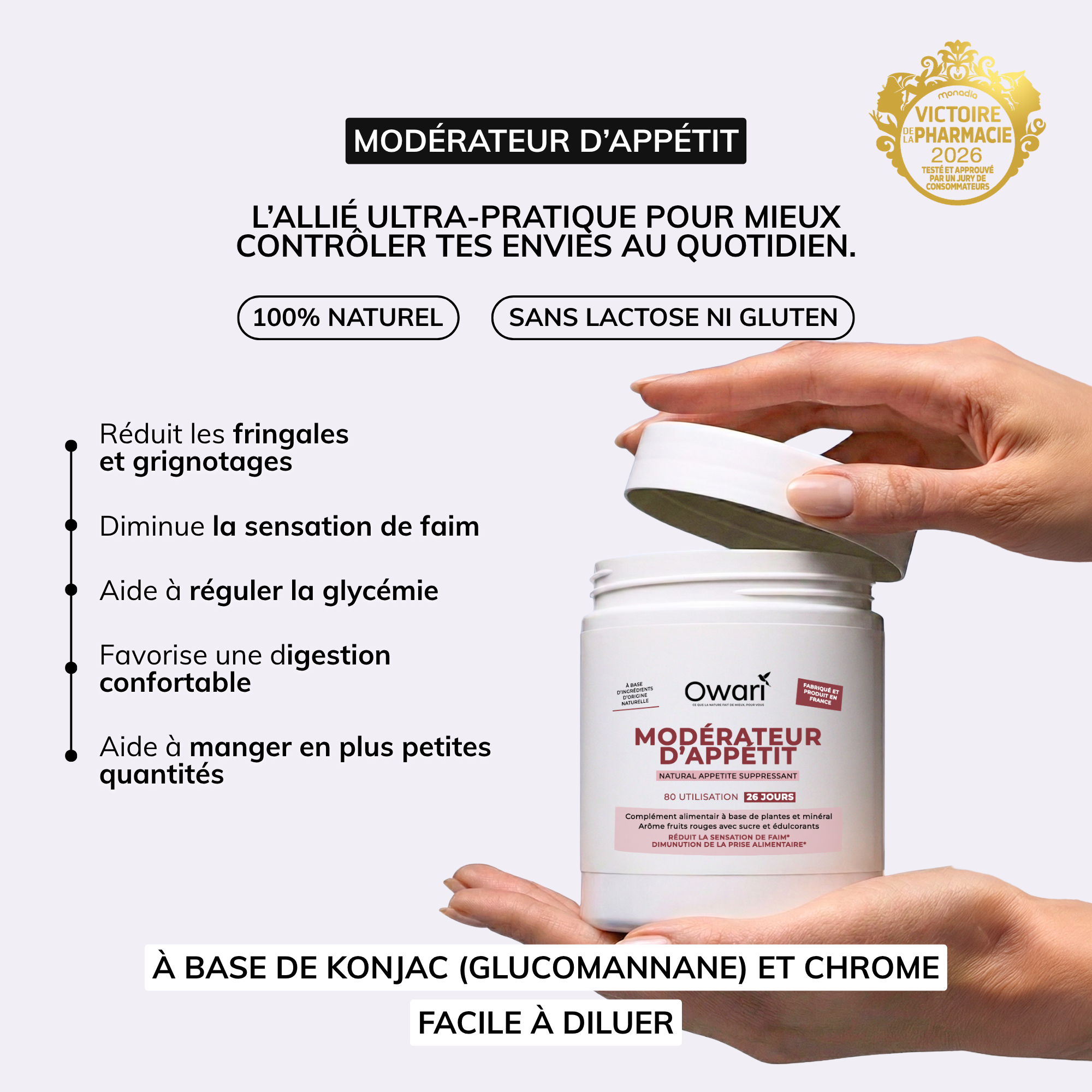 An advertisement for Owari's appetite suppressant, showing a hand opening the product container against a text-filled background.