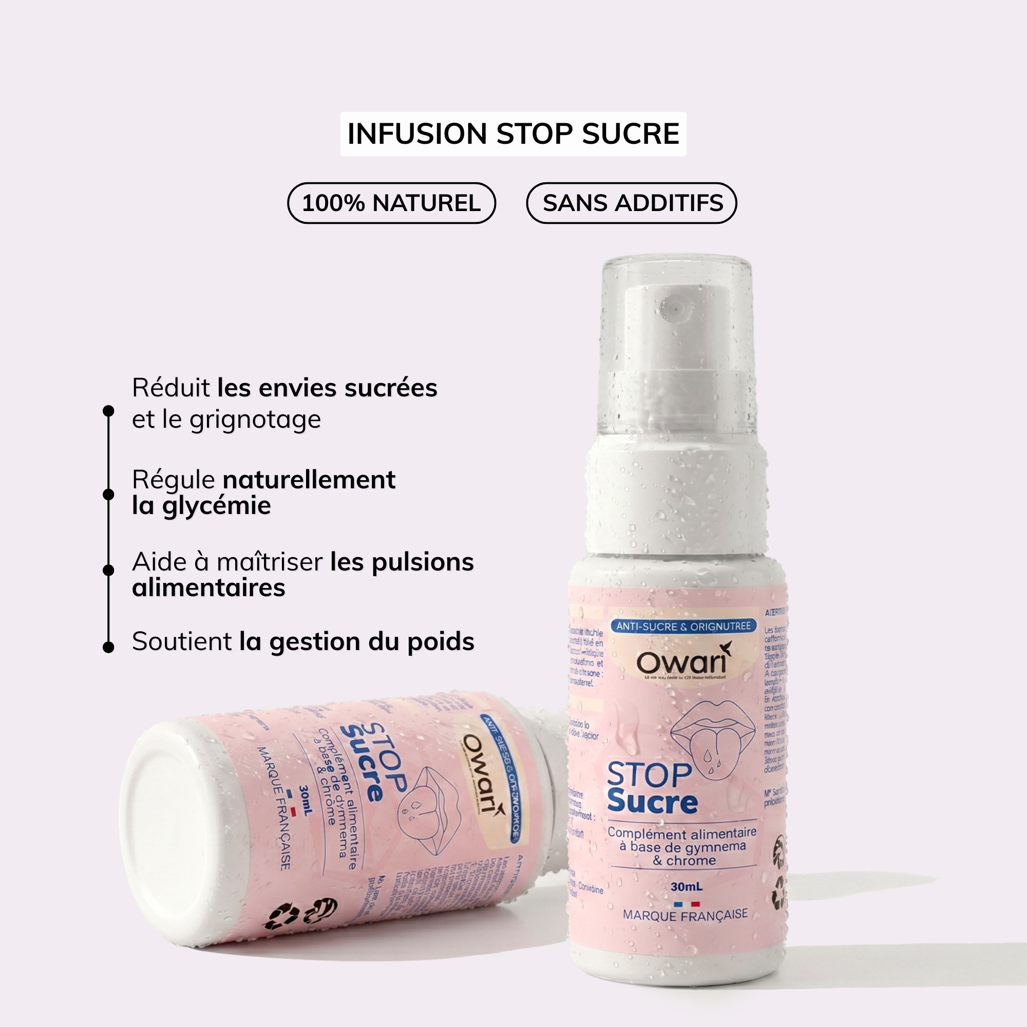 Two white spray bottles of 'Owari STOP Sucre' supplement against a light purple background with French text.