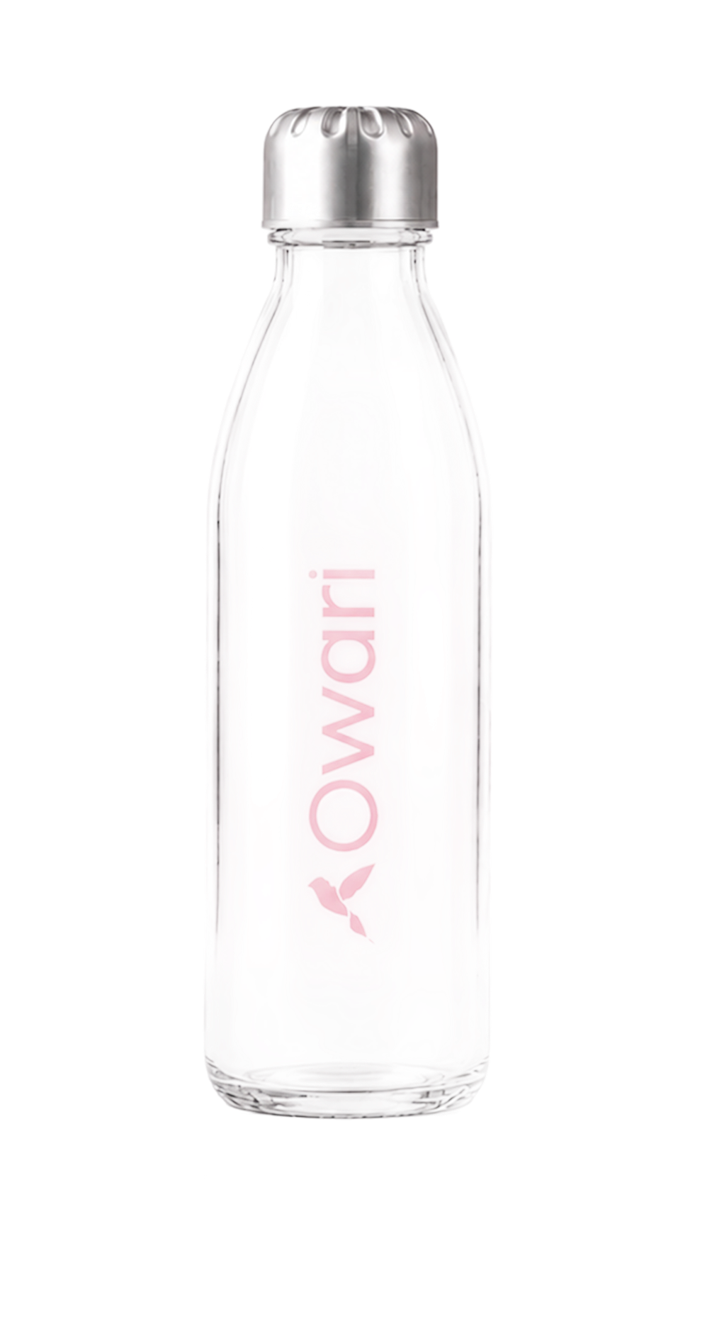 A clear glass reusable water bottle with a silver cap and the pink 'Owari' logo.