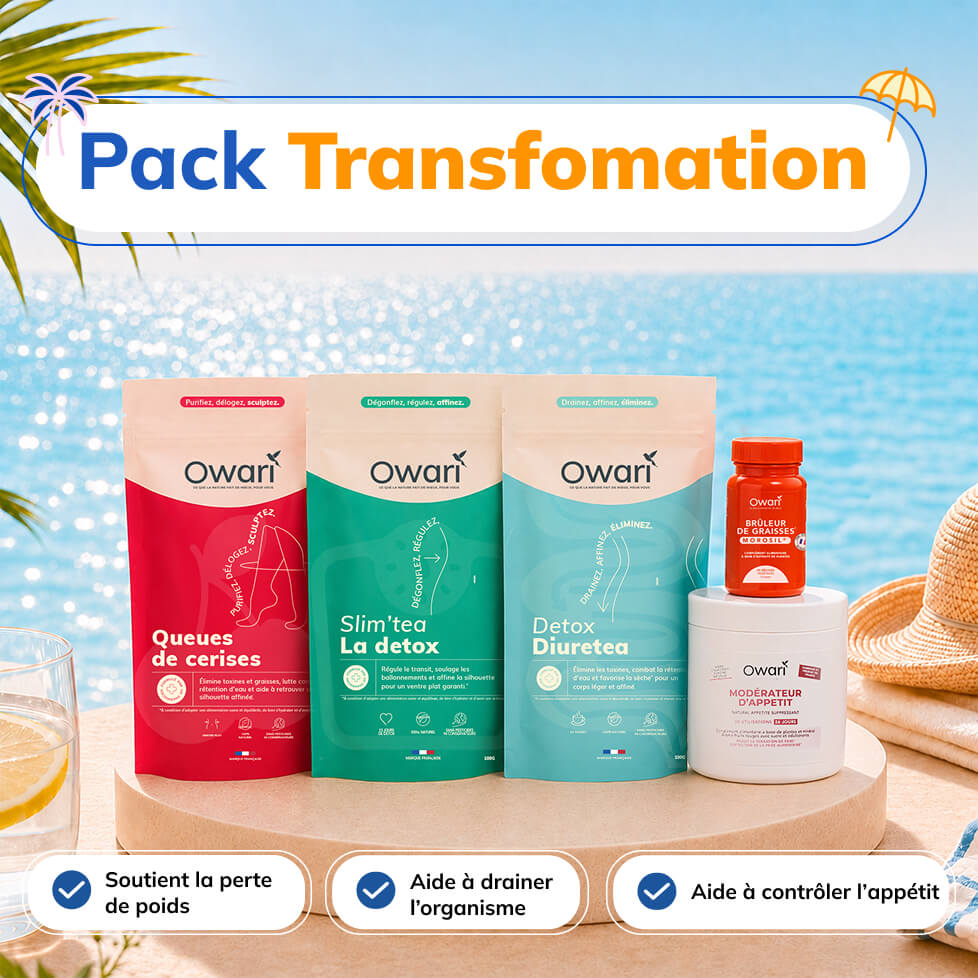A collection of Owari brand weight loss supplement products displayed on a sunny beach.