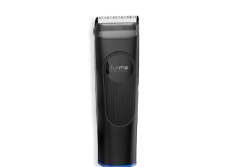Black electric hair trimmer with a silver blade and blue base.