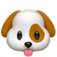 Cartoon dog face with one brown spot over the eye and tongue out.