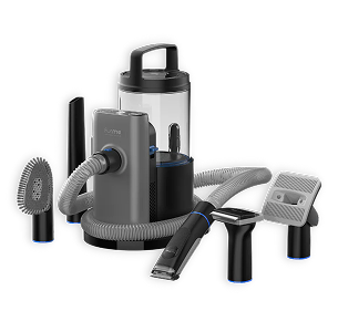 Vacuum cleaner with various attachments on a white background.