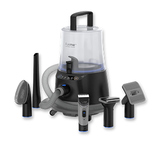 Vacuum cleaner with various attachments on a white background.