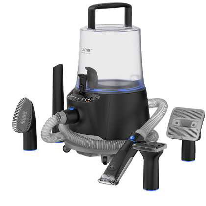 Black and transparent vacuum cleaner with various attachments on a white background.