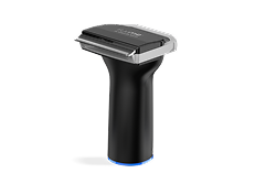 Black and silver handheld barcode scanner with a blue base.