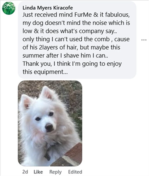 White fluffy dog with a comment about grooming equipment.