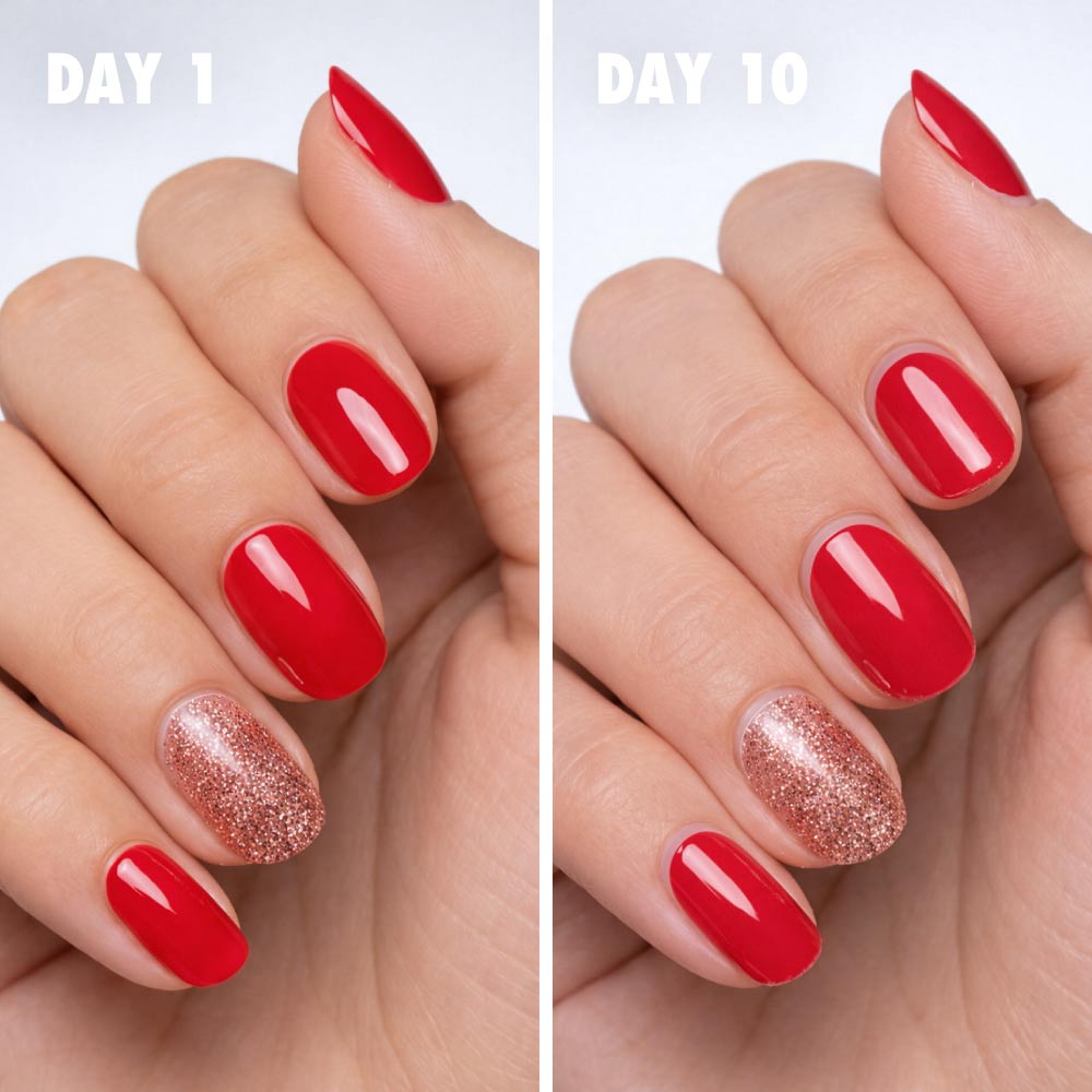 A side-by-side comparison of a red and glitter manicure on Day 1 versus Day 10, showing nail growth.