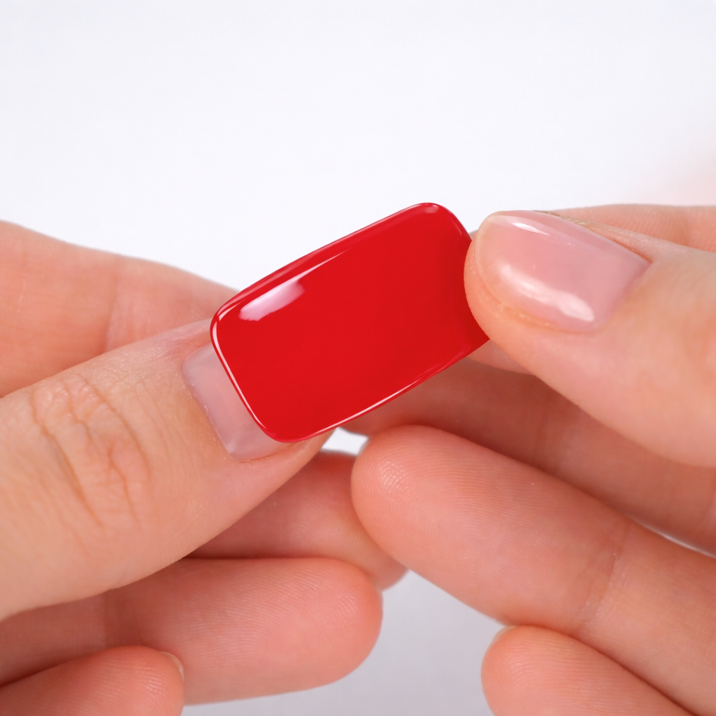 A close-up of a person applying a glossy red rectangular nail sticker to a fingernail.
