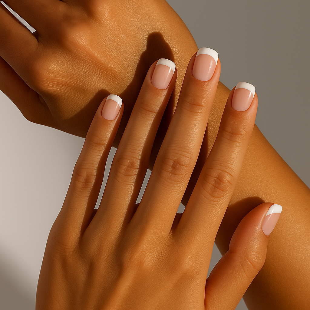 A close-up shot of two hands with a classic French manicure on a plain background.