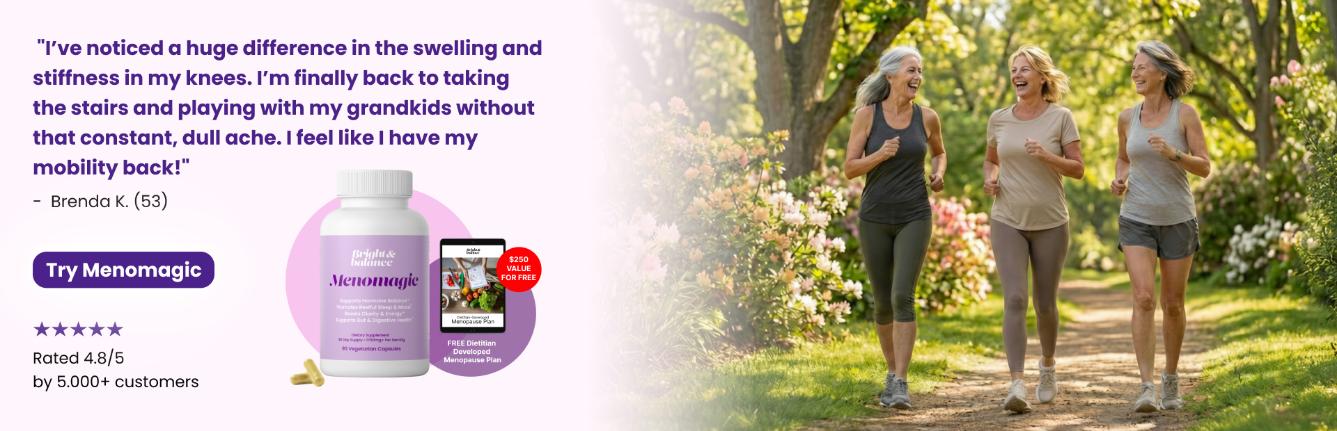 An ad for Menomagic supplements showing a product bottle and three happy women jogging in a park.
