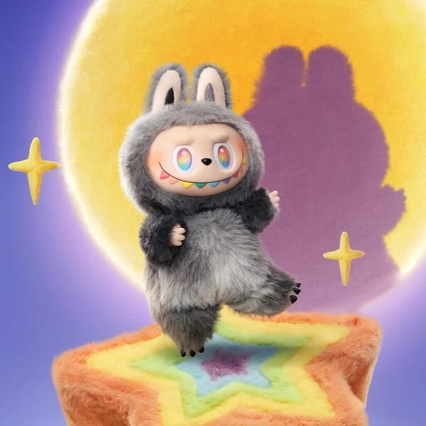 A cute character in a fluffy costume with colorful eyes, standing on a star platform.