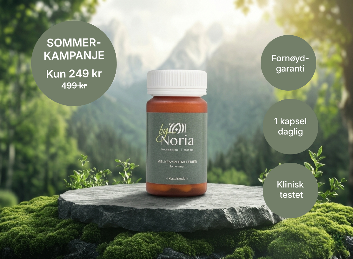 A promotional image of a bottle of 'by Noria' supplements sitting on a mossy stone platform outdoors.