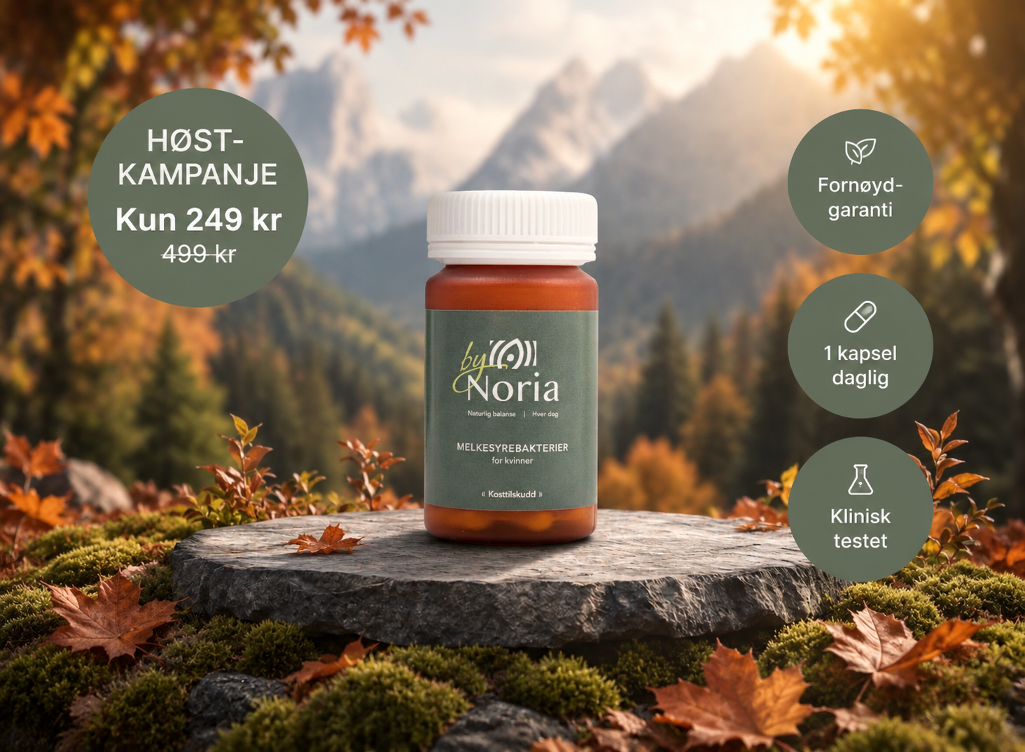 A bottle of by Noria supplements on a stone pedestal in a mountainous autumn landscape.