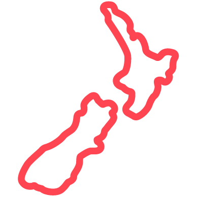 Red outline of New Zealand's map on a white background.