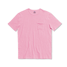 Pink t-shirt with a small chest pocket on a white background.