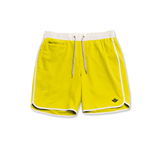 Yellow shorts with white trim and a drawstring waistband.