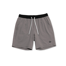 Gray shorts with a black waistband and white drawstring.