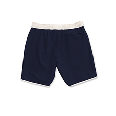 Navy blue shorts with a white waistband, viewed from the back.