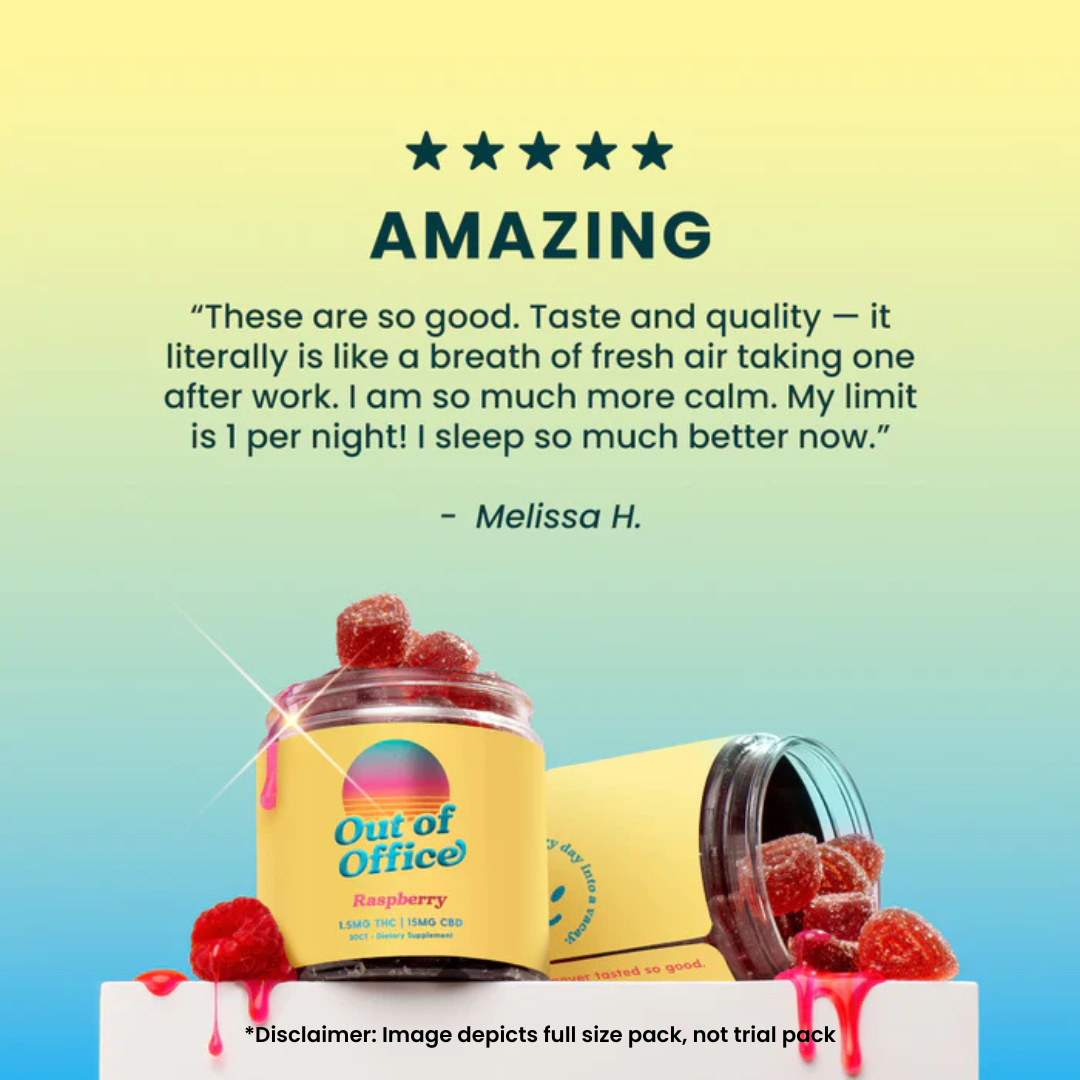 An advertisement for Out of Office raspberry gummies with a five-star customer review.