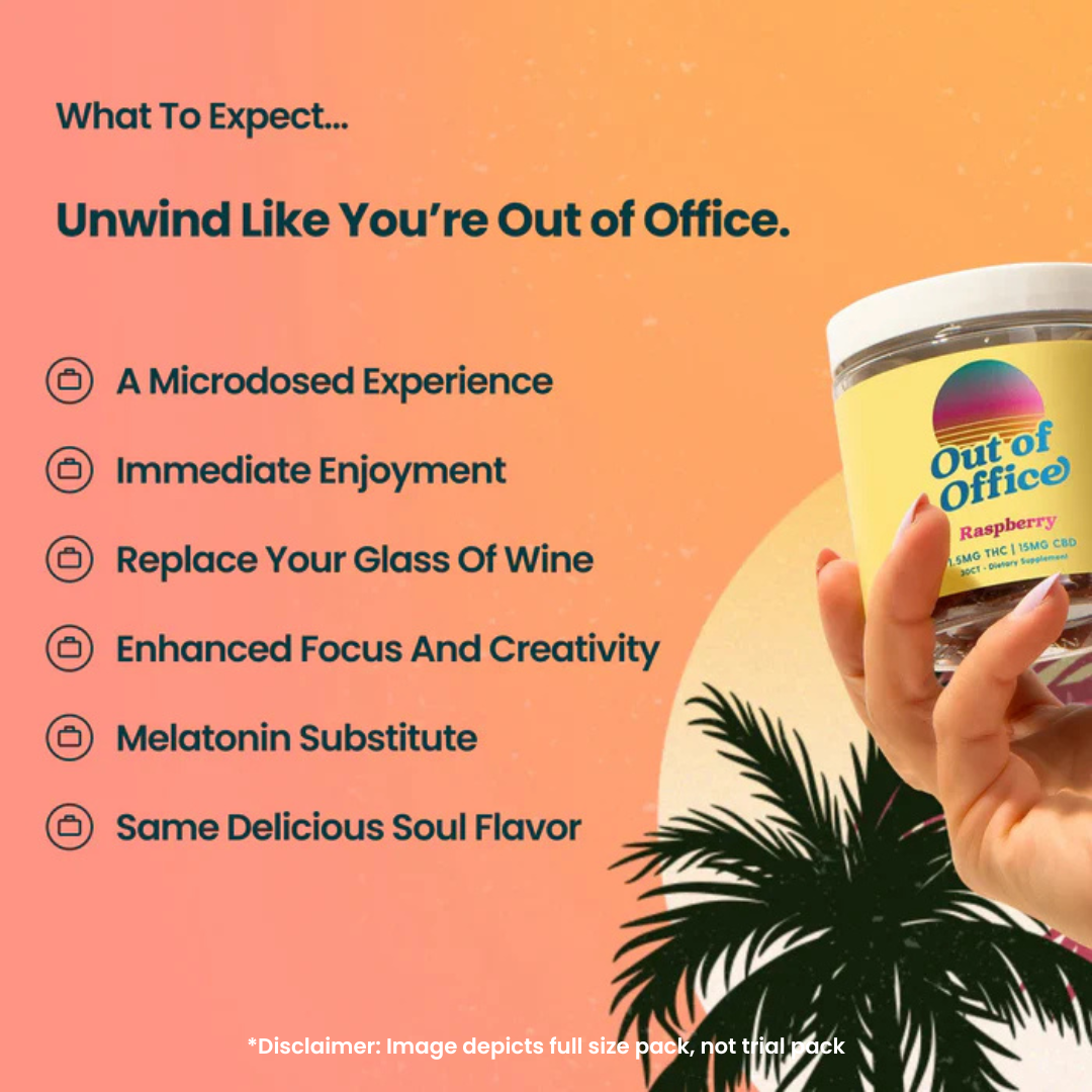 A graphic showing a hand holding a jar of Out of Office gummies next to a list of benefits.